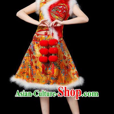 Traditional Chinese Yangge Fan Dancing Costume, Folk Dance Yangko Embroidered Dragon Satin Red Uniforms, Classic Umbrella Dance Elegant Dress Drum Dance Clothing for Women
