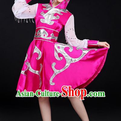 Traditional Chinese Mongol Nationality Dancing Costume, Mongols Female Folk Dance Ethnic Pink Skirt, Chinese Mongolian Minority Nationality Embroidery Costume for Women