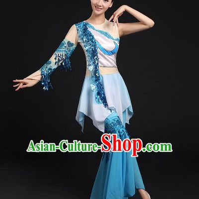 Traditional Chinese Yangge Fan Dancing Costume, Folk Dance Yangko Flowers Paillette Blue Uniforms, Classic Umbrella Dance Elegant Dress Drum Dance Clothing for Women
