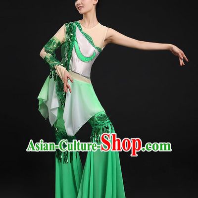 Traditional Chinese Yangge Fan Dancing Costume, Folk Dance Yangko Flowers Paillette Green Uniforms, Classic Umbrella Dance Elegant Dress Drum Dance Clothing for Women