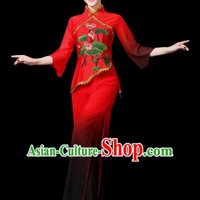Traditional Chinese Yangge Fan Dancing Costume, Folk Dance Yangko Gradient Red Uniforms, Classic Umbrella Dance Elegant Dress Drum Dance Clothing for Women