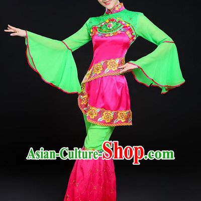 Traditional Chinese Yangge Fan Dancing Costume, Folk Dance Yangko Lotus Dance Mandarin Sleeve Uniforms, Classic Umbrella Dance Elegant Dress Drum Dance Clothing for Women