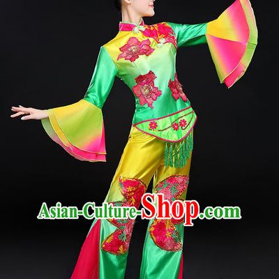 Traditional Chinese Yangge Fan Dancing Costume, Folk Dance Yangko Lotus Dance Mandarin Sleeve Satin Uniforms, Classic Umbrella Dance Elegant Dress Drum Dance Clothing for Women
