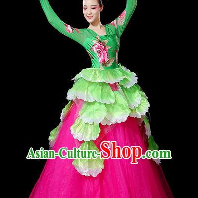 Traditional Chinese Modern Dancing Compere Costume, Women Opening Classic Chorus Singing Group Dance Bubble Peony Uniforms, Modern Dance Classic Dance Big Swing Dress for Women