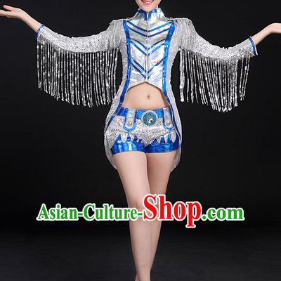Traditional Chinese Modern Dancing Compere Costume, Women Opening Classic Jazz Dance Mandarin Collar Uniforms, Modern Dance Jazziness Dance Paillette Tassel Dress for Women