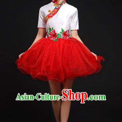 Traditional Chinese Yangge Fan Dancing Costume, Folk Dance Yangko Red Uniforms, Classic Umbrella Dance Elegant Cheongsam Short Dress Drum Dance Clothing for Women