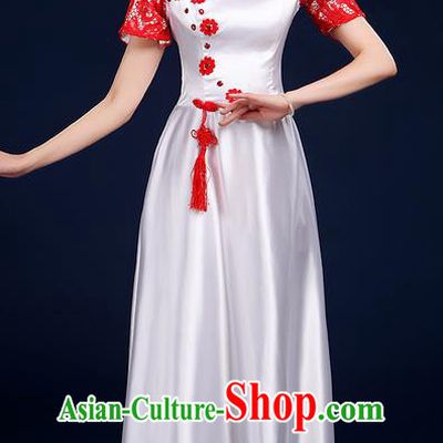 Traditional Chinese Style Modern Dancing Compere Costume, Women Opening Classic Chorus Singing Group Dance Blue and White Porcelain Uniforms, Modern Dance Classic Dance Red Lace Cheongsam Dress for Women