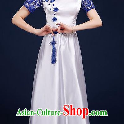 Traditional Chinese Style Modern Dancing Compere Costume, Women Opening Classic Chorus Singing Group Dance Blue and White Porcelain Uniforms, Modern Dance Classic Dance Blue Lace Cheongsam Dress for Women