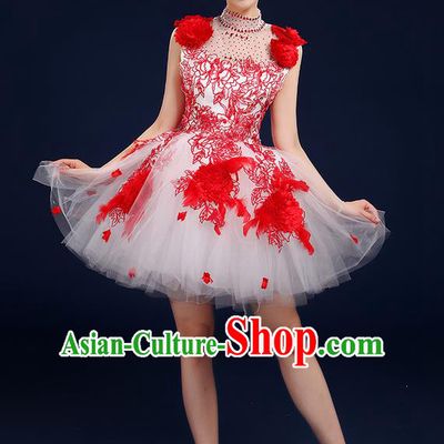 Traditional Chinese Style Modern Dancing Compere Costume, Women Opening Classic Chorus Singing Group Dance Big Swing Uniforms, Modern Dance Classic Dance Red Bubble Dress for Women