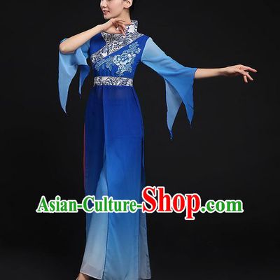 Traditional Chinese Yangge Fan Dancing Costume, Folk Dance Yangko Blue Uniforms, Classic Umbrella Dance Elegant Cheongsam Peony Dress Drum Dance Clothing for Women