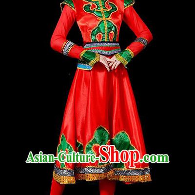 Traditional Chinese Mongol Nationality Dancing Costume, Mongols Female Folk Dance Ethnic Palace Princess Dress, Chinese Mongolian Minority Nationality Embroidery Red Costume for Women