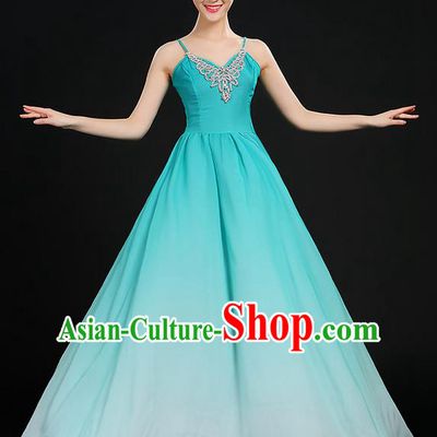 Traditional Chinese Modern Dancing Compere Costume, Women Opening Classic Chorus Singing Group Dance Dress Uniforms, Modern Dance Classic Dance Big Swing Blue Dress for Women