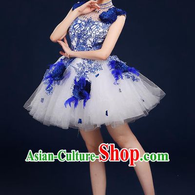 Traditional Chinese Style Modern Dancing Compere Costume, Women Opening Classic Chorus Singing Group Dance Big Swing Uniforms, Modern Dance Classic Dance Blue Bubble Dress for Women