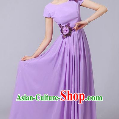 Traditional Chinese Modern Dancing Compere Costume, Women Opening Classic Chorus Singing Group Dance Uniforms, Modern Dance Classic Dance Big Swing Long Purple Full Dress for Women
