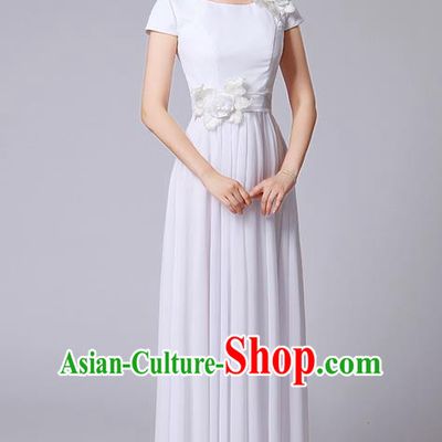 Traditional Chinese Modern Dancing Compere Costume, Women Opening Classic Chorus Singing Group Dance Uniforms, Modern Dance Classic Dance Big Swing Long White Full Dress for Women