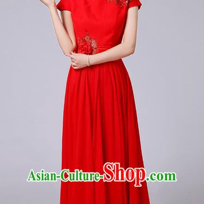Traditional Chinese Modern Dancing Compere Costume, Women Opening Classic Chorus Singing Group Dance Uniforms, Modern Dance Classic Dance Big Swing Long Red Full Dress for Women