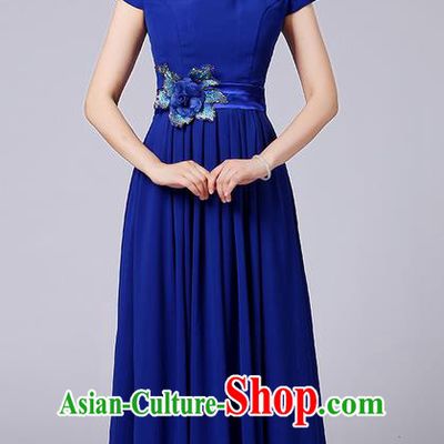 Traditional Chinese Modern Dancing Compere Costume, Women Opening Classic Chorus Singing Group Dance Uniforms, Modern Dance Classic Dance Big Swing Long Blue Full Dress for Women