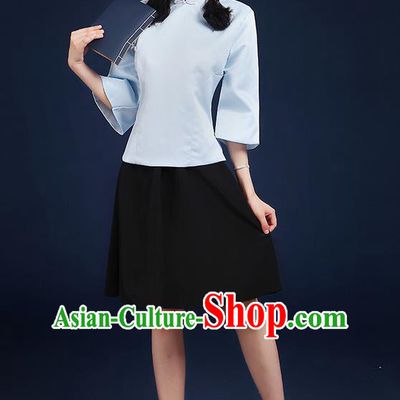 Traditional Chinese Style Modern Dancing Compere Costume, Women Chorus Singing Group Opening Classic Dance Republic of China Students Light Blue Uniforms, Modern Dance Cheongsam Blouse Dress for Women