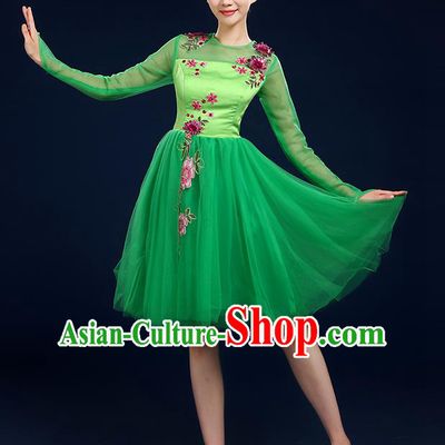 Traditional Chinese Modern Dancing Compere Costume, Women Opening Classic Chorus Singing Group Dance Bubble Uniforms, Modern Dance Classic Dance Big Swing Green Short Dress for Women