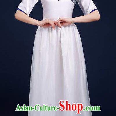 Traditional Chinese Style Modern Dancing Compere Costume, Women Opening Classic Chorus Singing Group Dance Blue and White Porcelain Uniforms, Modern Dance Classic Dance Cheongsam Dress for Women