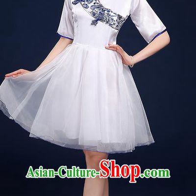 Traditional Chinese Style Modern Dancing Compere Costume, Women Opening Classic Chorus Singing Group Dance Blue and White Porcelain Uniforms, Modern Dance Classic Dance Cheongsam Bubble Dress for Women