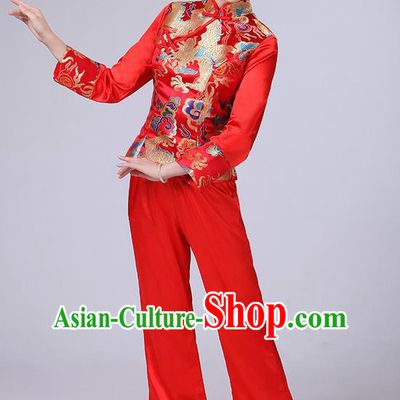 Traditional Chinese Yangge Fan Dancing Costume, Folk Dance Yangko Satin Dragon Uniforms, Classic Umbrella Dance Elegant Dress Drum Dance Red Clothing for Women