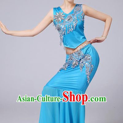 Traditional Chinese Dai Nationality Peacock Dancing Costume, Folk Dance Ethnic Paillette Tassel Fishtail Dress Palace Princess Uniform, Chinese Minority Nationality Dancing Blue Clothing for Women