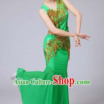 Traditional Chinese Dai Nationality Peacock Dancing Costume, Folk Dance Ethnic Paillette Tassel Fishtail Dress Palace Princess Uniform, Chinese Minority Nationality Dancing Green Clothing for Women