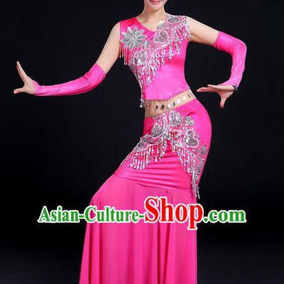 Traditional Chinese Dai Nationality Peacock Dancing Costume, Folk Dance Ethnic Paillette Tassel Fishtail Dress Palace Princess Uniform, Chinese Minority Nationality Dancing Pink Clothing for Women