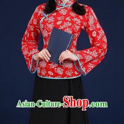 Traditional Chinese Style Modern Dancing Compere Costume, Women Chorus Singing Group Opening Classic Dance Republic of China Students Red Uniforms, Modern Dance Cheongsam Blouse Dress for Women