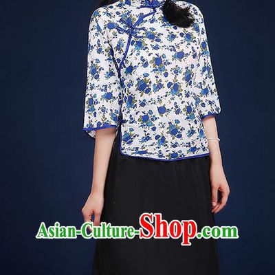 Traditional Chinese Style Modern Dancing Compere Costume, Women Chorus Singing Group Opening Classic Dance Republic of China Students Blue Flowers Uniforms, Modern Dance Cheongsam Blouse Dress for Women