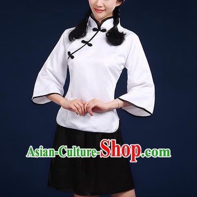 Traditional Chinese Style Modern Dancing Compere Costume, Women Chorus Singing Group Opening Classic Dance Republic of China Students White Uniforms, Modern Dance Cheongsam Blouse Dress for Women