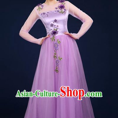 Traditional Chinese Modern Dancing Compere Costume, Women Opening Classic Chorus Singing Group Dance Bubble Uniforms, Modern Dance Classic Dance Big Swing Purple Dress for Women