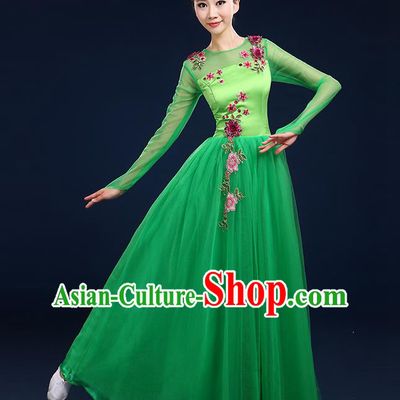 Traditional Chinese Modern Dancing Compere Costume, Women Opening Classic Chorus Singing Group Dance Bubble Uniforms, Modern Dance Classic Dance Big Swing Green Dress for Women