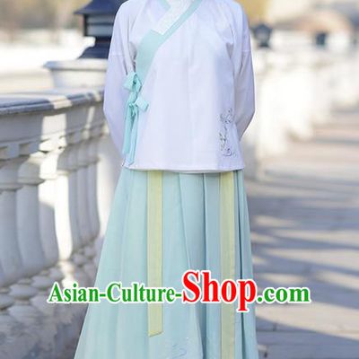 Traditional Ancient Chinese Young Lady Elegant Costume Embroidered Lotus Slant Opening Blouse and Slip Skirt Complete Set , Elegant Hanfu Clothing Chinese Jin Dynasty Imperial Princess Clothing for Women