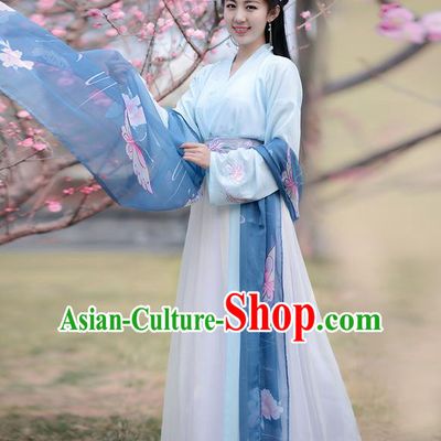 Traditional Ancient Chinese Young Lady Costume Embroidered Butterflies Slant Opening Blouse and Skirt Complete Set , Elegant Hanfu Clothing Chinese Song Dynasty Imperial Princess Clothing for Women