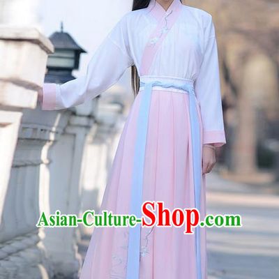 Traditional Ancient Chinese Young Lady Elegant Costume Embroidered Lotus Slant Opening Blouse and Pink Slip Skirt Complete Set , Elegant Hanfu Clothing Chinese Jin Dynasty Imperial Princess Clothing for Women