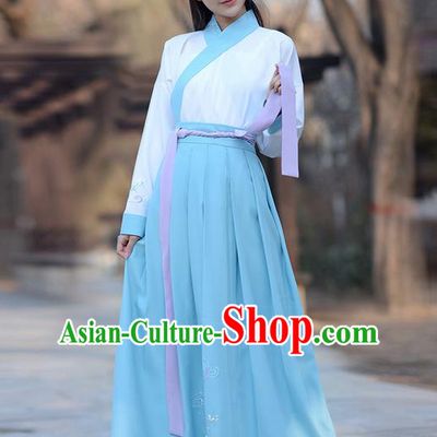 Traditional Ancient Chinese Young Lady Elegant Costume Embroidered Slant Opening Blouse and Blue Slip Skirt Complete Set , Elegant Hanfu Clothing Chinese Jin Dynasty Imperial Princess Clothing for Women