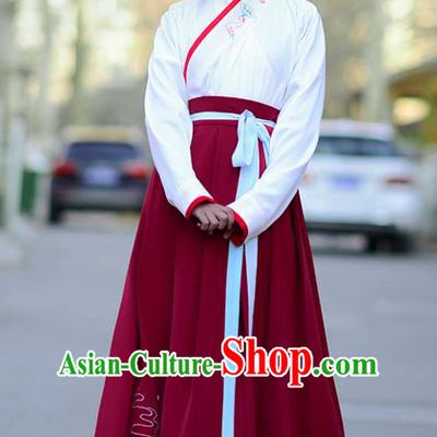 Traditional Ancient Chinese Young Lady Costume Embroidered Blouse and Red Slip Skirt Complete Set , Elegant Hanfu Suits Clothing Chinese Ming Dynasty Imperial Princess Dress Clothing for Women