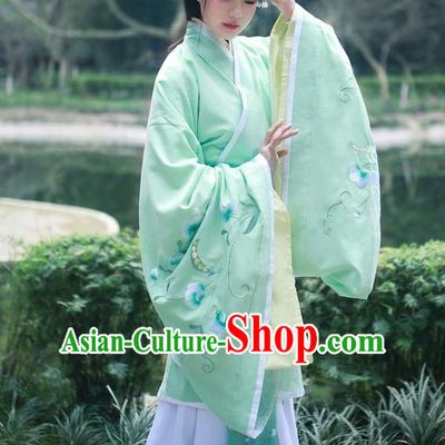 Traditional Ancient Chinese Young Lady Costume Embroidered Song Fringing and Belt, Elegant Hanfu Curving-Front Unlined Garment Dress Chinese Ming Dynasty Imperial Princess Dress Clothing for Women