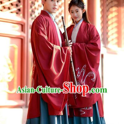 Traditional Chinese Ancient Han Dynasty Embroidered Wide Sleeve Cardigan Clothing for Women and Men