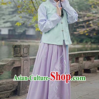 Traditional Ancient Chinese Young Lady Elegant Costume Embroidered Sleeveless Over-dress Slant Opening Blouse and Slip Skirt Complete Set, Elegant Hanfu Clothing Chinese Ming Dynasty Imperial Princess Clothing for Women