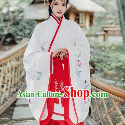 Traditional Ancient Chinese Young Lady Costume Embroidered Song Fringing and Belt, Elegant Hanfu Curving-Front Unlined Garment Dress Chinese Han Dynasty Imperial Princess Dress Clothing for Women