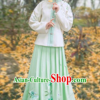 Traditional Ancient Chinese Young Lady Elegant Costume Embroidered Front Opening Blouse and Green Slip Skirt Complete Set, Elegant Hanfu Clothing Chinese Ming Dynasty Imperial Princess Clothing for Women