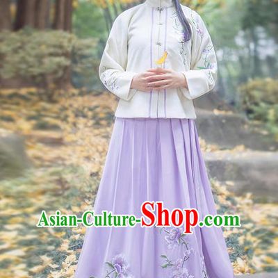 Traditional Ancient Chinese Young Lady Elegant Costume Embroidered Front Opening Blouse and Purple Slip Skirt Complete Set, Elegant Hanfu Clothing Chinese Ming Dynasty Imperial Princess Clothing for Women