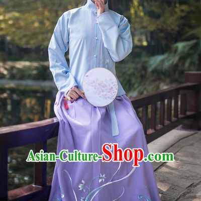 Traditional Ancient Chinese Young Lady Elegant Costume Embroidered Orchid Front Opening Blouse and Slip Skirt Complete Set, Elegant Hanfu Clothing Chinese Jin Dynasty Imperial Princess Clothing for Women
