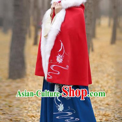 Traditional Chinese Ancient Ming Dynasty Princess Embroidered Wool Red Mantle Cape for Women