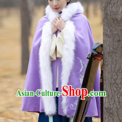 Traditional Chinese Ancient Ming Dynasty Princess Embroidered Wool Purple Mantle Cape for Women