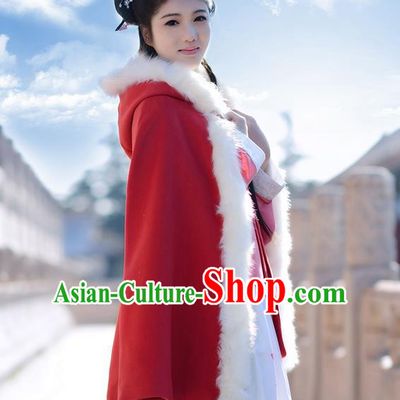 Traditional Chinese Ancient Ming Dynasty Princess Wool Red Mantle Cape for Women