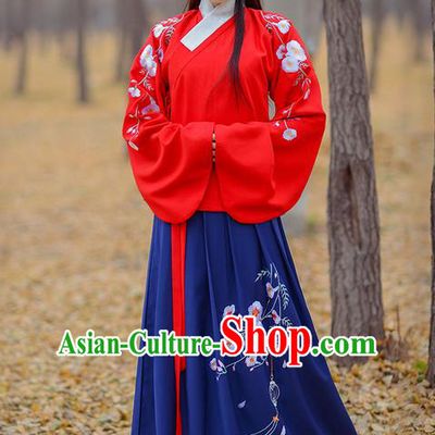 Traditional Ancient Chinese Young Lady Elegant Costume Embroidered Sleeve Pocket Slant Opening Blue Blouse and Slip Skirt Complete Set, Elegant Hanfu Clothing Chinese Ming Dynasty Imperial Princess Clothing for Women
